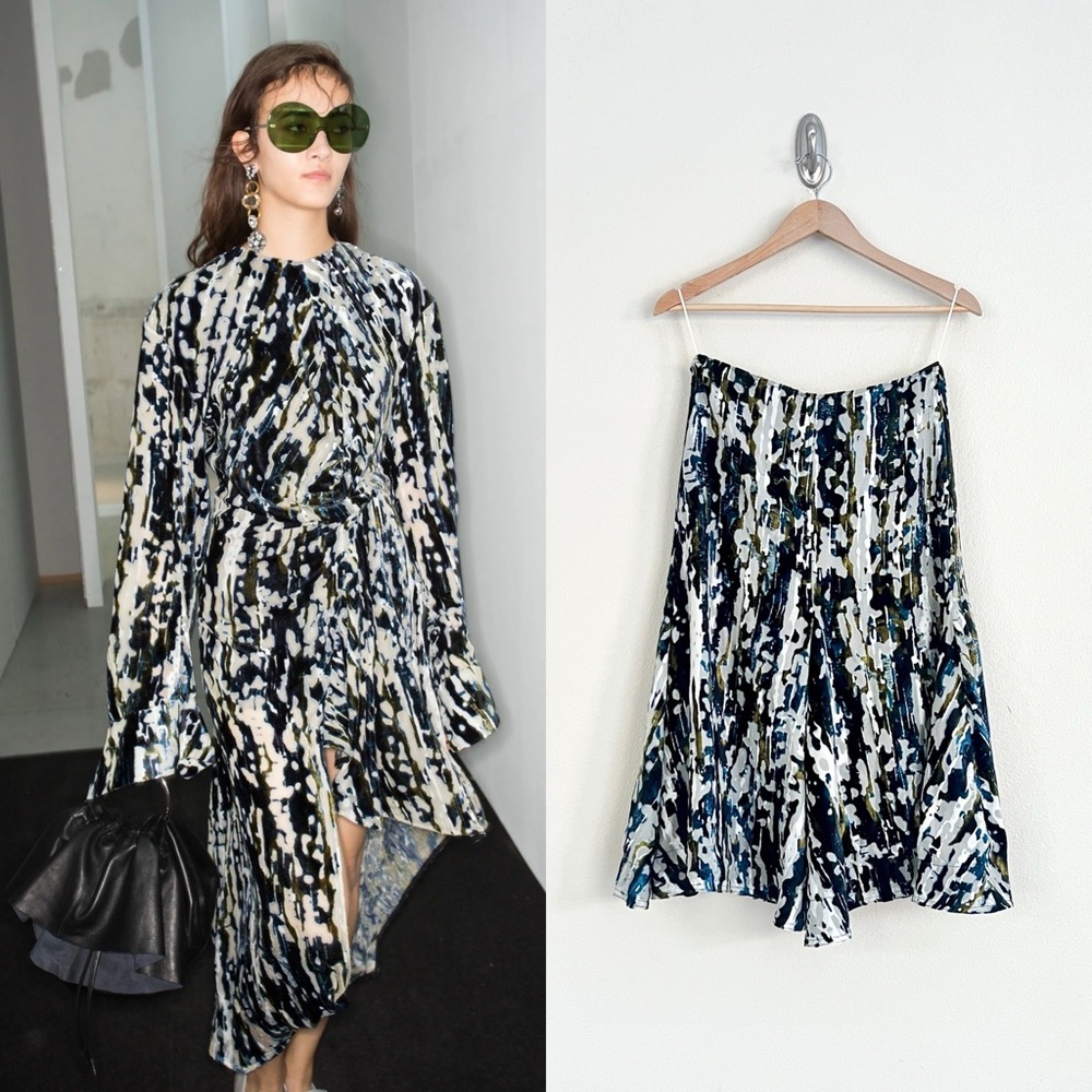 MARNI S/S 2017 Haze Print Devore Velvet Silk Burnout Skirt in Blue Green